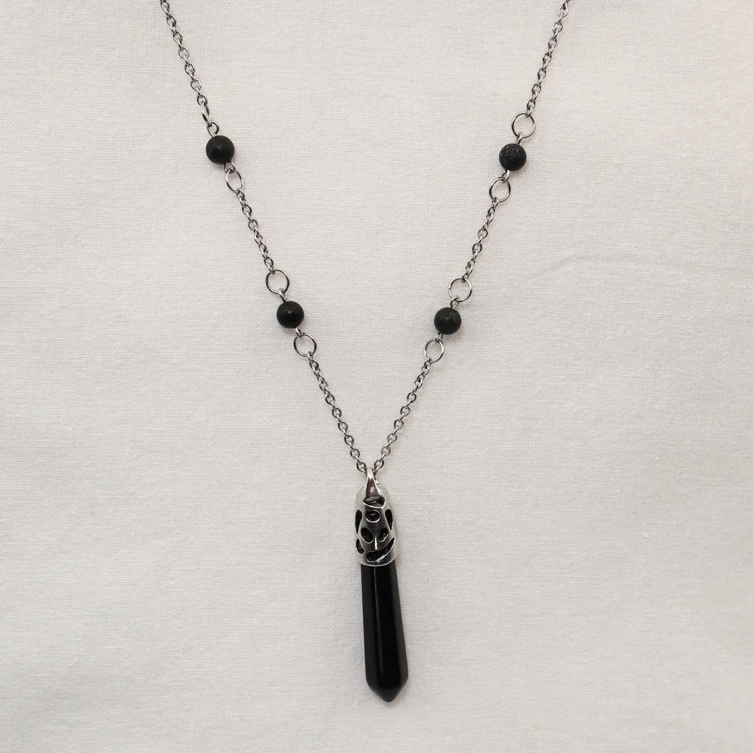 Pendentif Pointe d'Obsidienne noire et Serpentine russe - D09