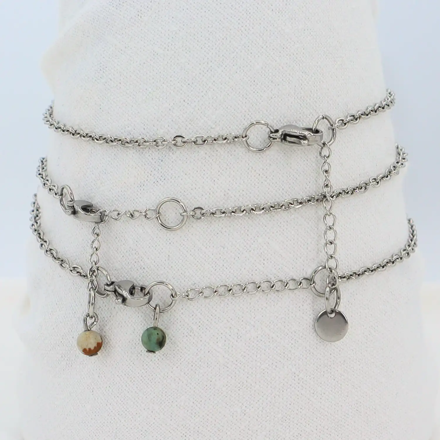 Pack G09 - J. picture - Turquoise Africaine - Fluorite - Back_IMG_8202_25-0-60-15-0-20_1500px_Q55 Ensemble de 3 bracelets de cheville simples - Jaspe picture, Turquoise africaine et Fluorite