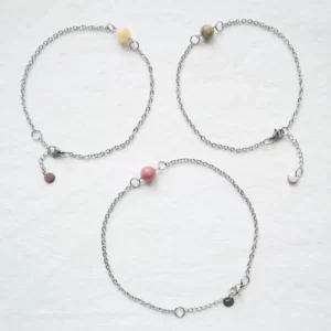 Ensemble de 3 bracelets de cheville simples - Jaspe Aqua Terra, Calcite miel et Rhodochrosite